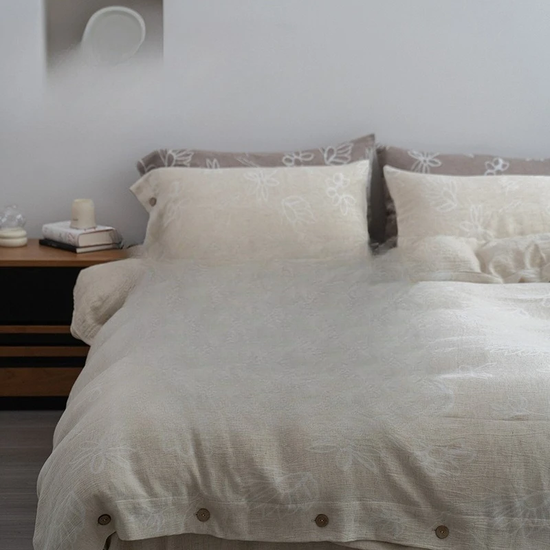 Cotton and linen four-piece bed sheet quilt cover Japanese simple homestay style autumn and winter bedding
