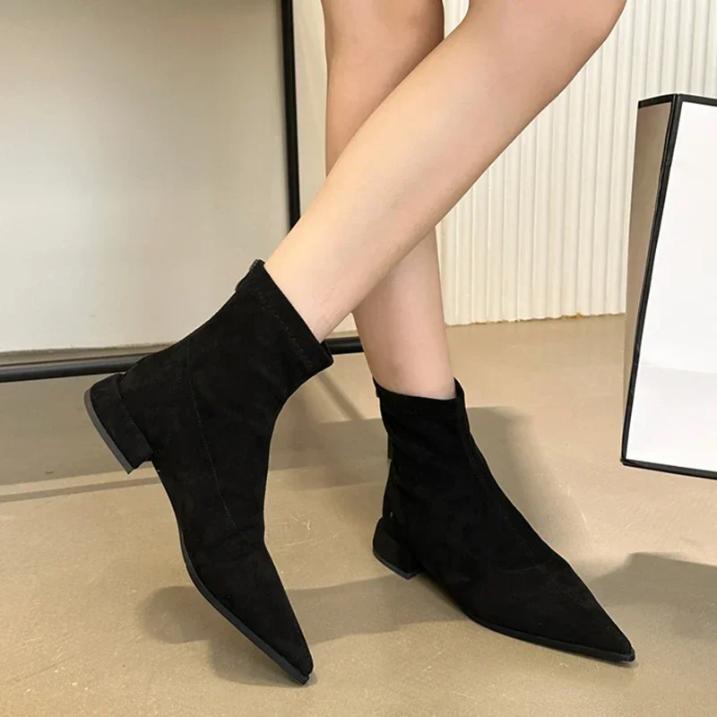 Leopard Women Pointed Toe Ankle Chelsea Boots Chunky Suede Fashion Mid Heels Shoes 2024 Winter Designer Pumps Cozy Femme Boots