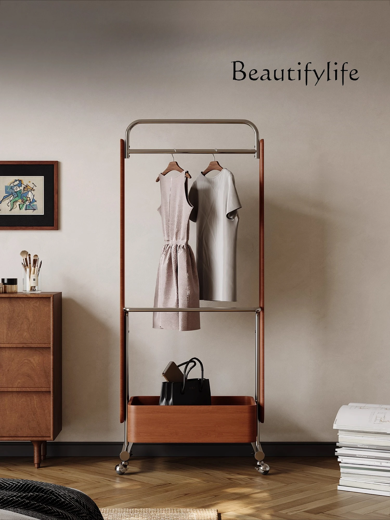 

Medieval cherry wood coat rack removable light luxury stainless steel bedroom with basket living room home entrance hanger