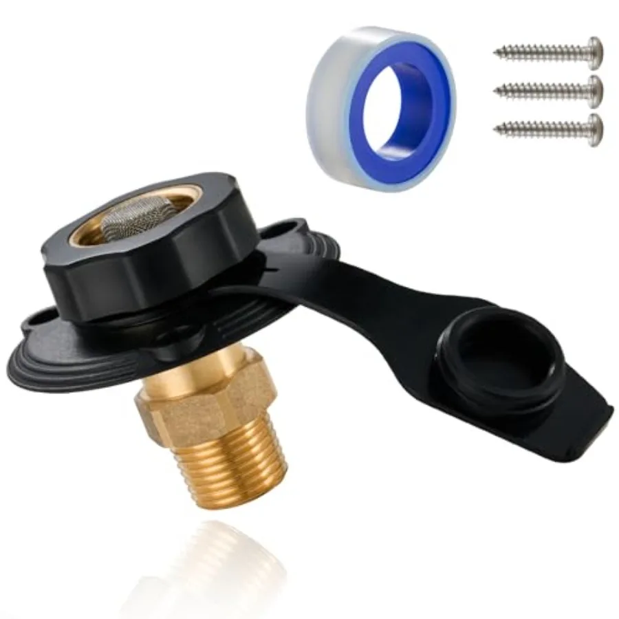 

RV Water Fill Inlet with Check Valve, 3/4 NH Female to 1/2 NPT Male Lead-free Brass, City Water Inlet Flange for RV Camper Moto