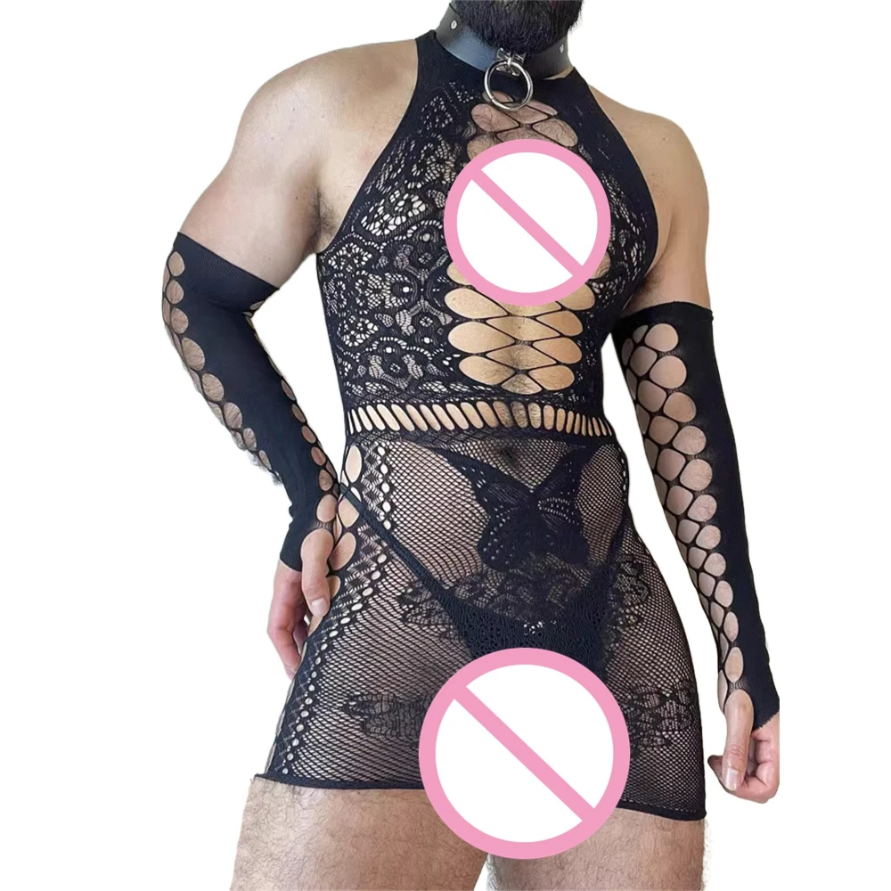 Erkek Sissy See-through Crotchless Elbise Külotlu Çorap Bodystocking Eşcinsel Erkek Iç Çamaşırı Sıcak Egzotik Bodysuit Adam Iç Çamaşırı