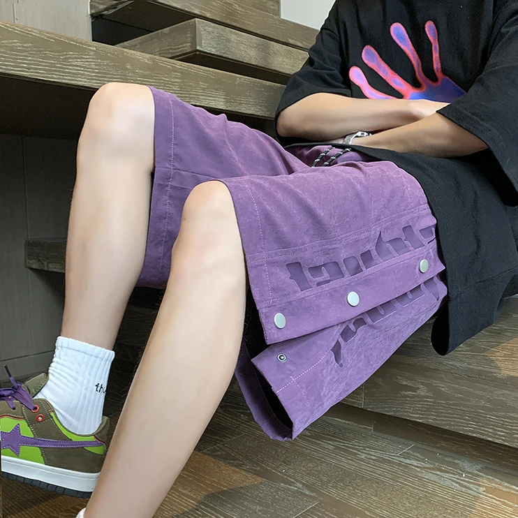 

Loose Fit Spor ort Pants for Men Summer American High Street Cleanfit Large Size Five Parts with Buttons Purple Casual Pants