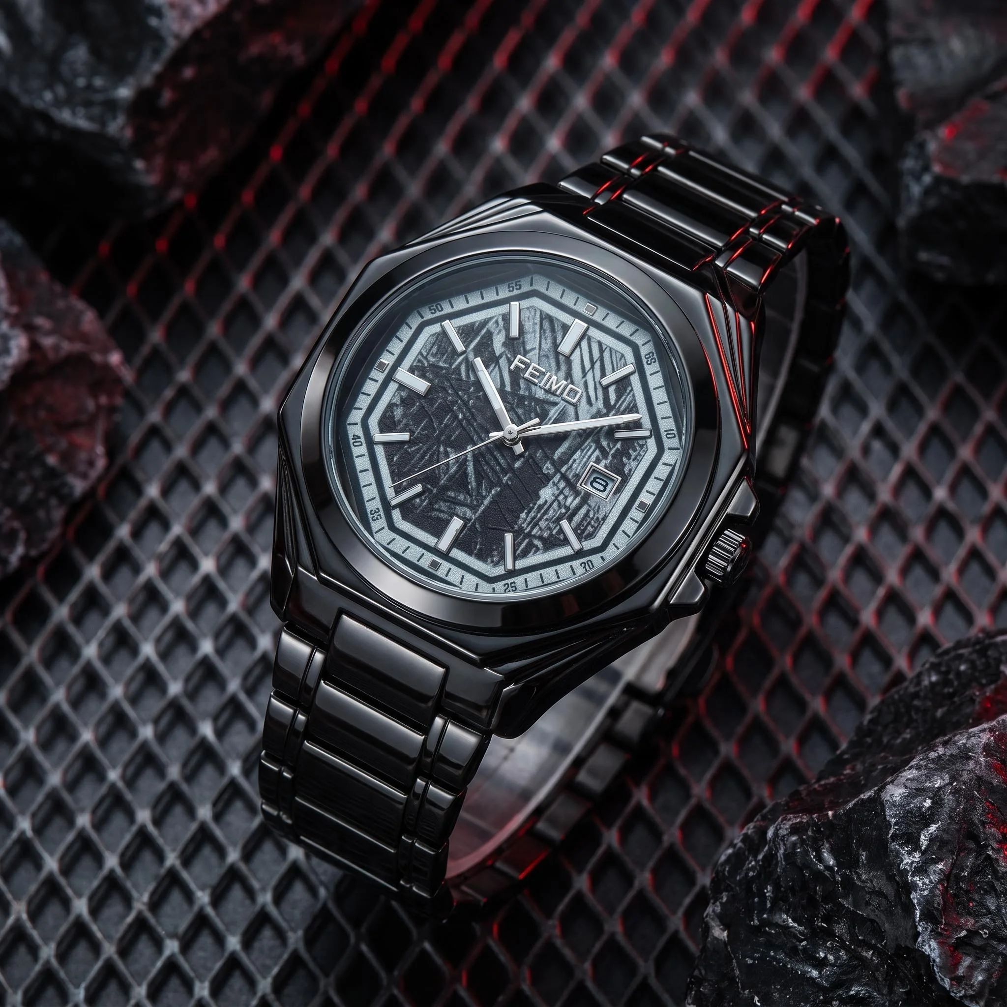 Men's quartz watch with a high-quality stainless steel band and a meteorite-patterned design—perfect as a gift