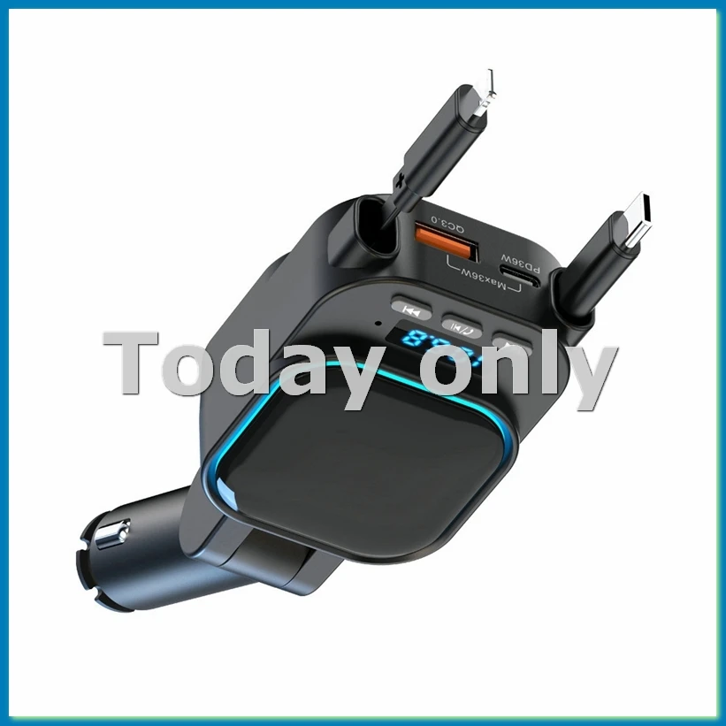 格納式カーチャージャー-96w-bluetoothカーアダプター付き、4-in-1急速充電、ラジオbluetooth-53-fmトランスミッター搭載車載用-a25r