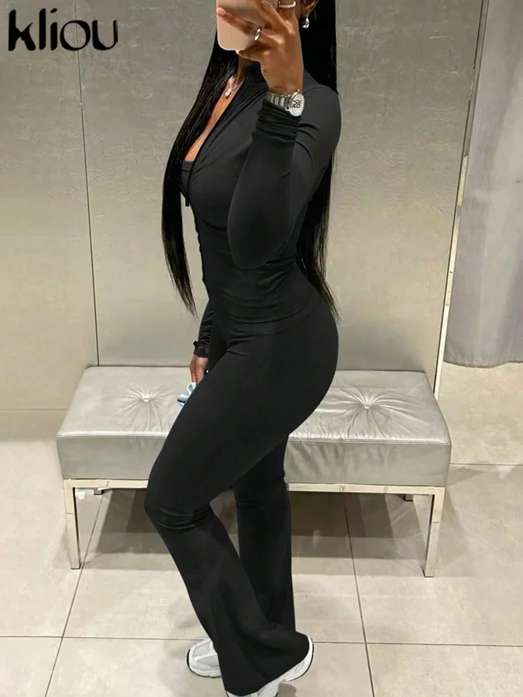 kliou Casual Track Women 2 Piece Set Classic Solid Matching Zip-up Crop Tops+High Waist Slim Pants Female Active Autumn Outfits