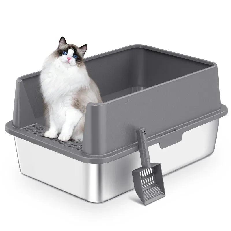 Extra-Large Stainless Steel and Plastic Cat Litter Box with High Sides, Easy Clean,Non-Stick & Leak-Proof for Large To Small Cat