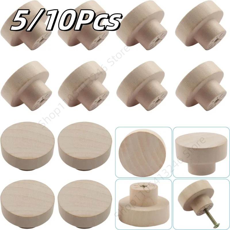 5/10Pcs Round Wooden Cabinet Knobs Diameter 35/40/50mm Cabinet Drawer Wardrobe Knobs Flat Top Round Furniture Handle Hardware