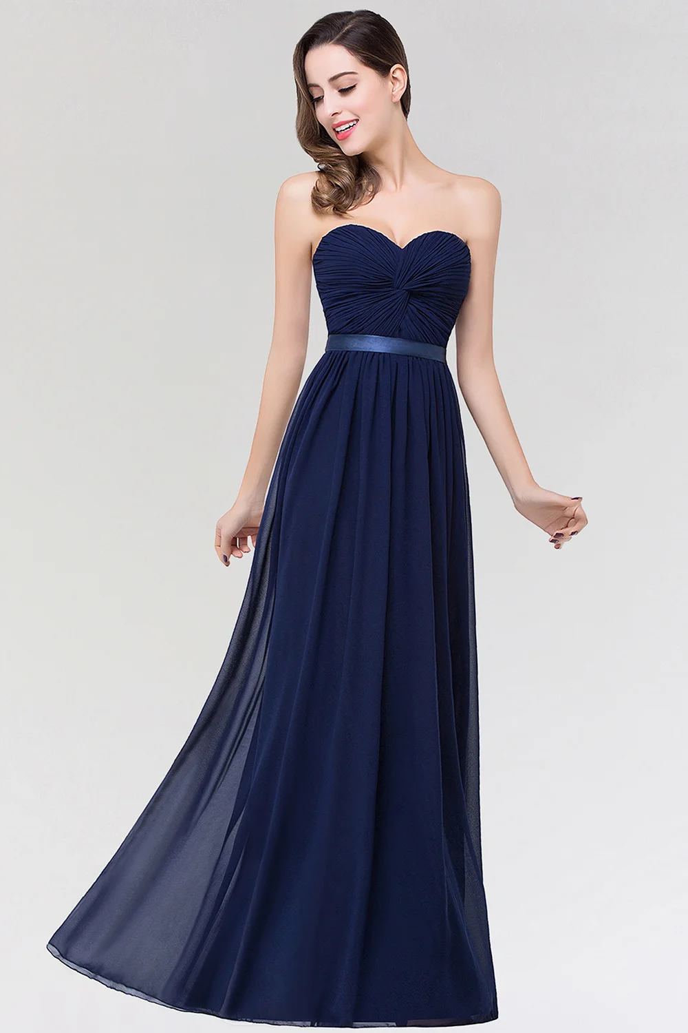 Summer Chiffon Bridesmaid Dress For Wedding Party 2022 Women Strapless Ruched Backless A Line Navy Blue Maid Of Honor Dresses