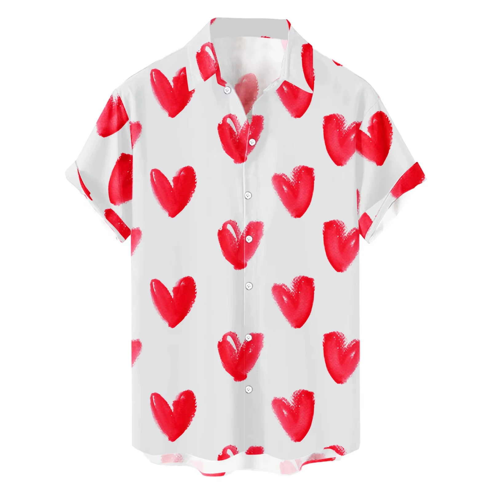 

​​2025 Men's Polka Dot Heart Print Shirt White Valentine's Day Short Sleeve Button Front Party Social Ready​
