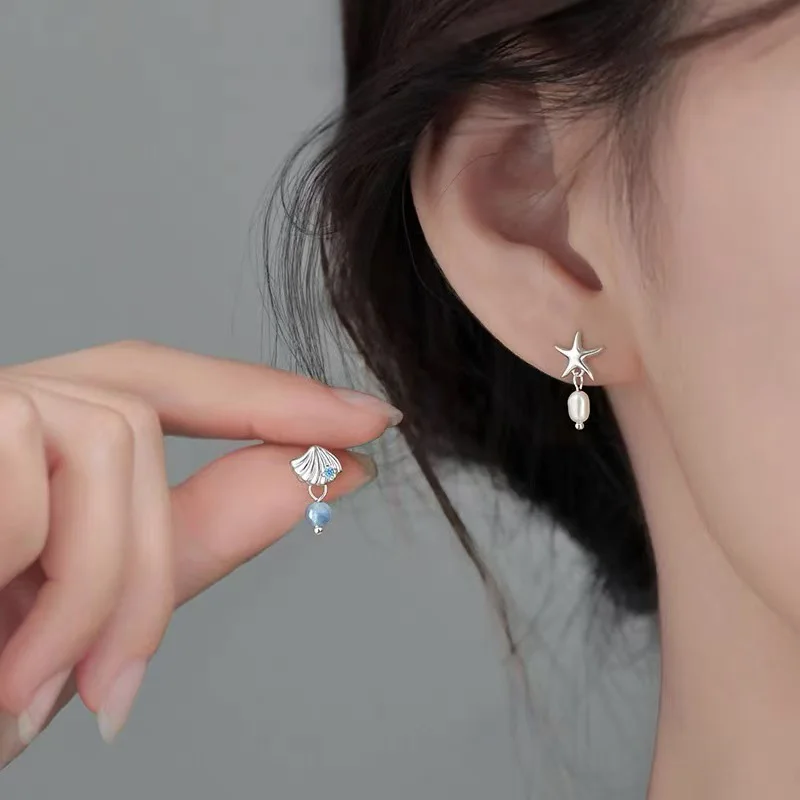 925 Sterling Silver Pearl Zircon Sea Star Shell Pendant Stud Earrings For Women Party Cute Fine Jewelry Summer Ocean Accessories