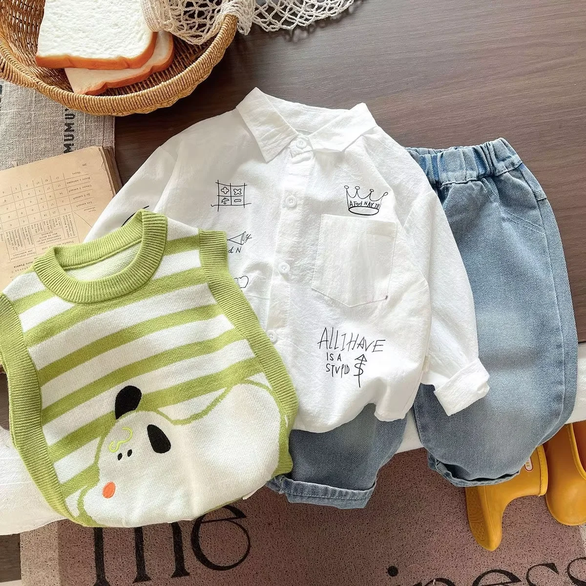 Boys Girls Spring Autumn Clothing Sets 2026 New Fashion Children Striped Knit Vest Shirt and Pants 3-Piece Outfit 0 2 4 5Y 2