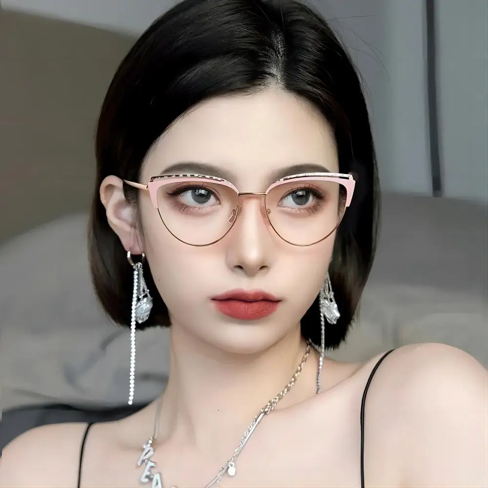 cyber Vintage Cat Eye Glasses Frame New StylishSemi Metal Rim Women Eyewear Trendy Brand Design Non-prescription Eyeglasses