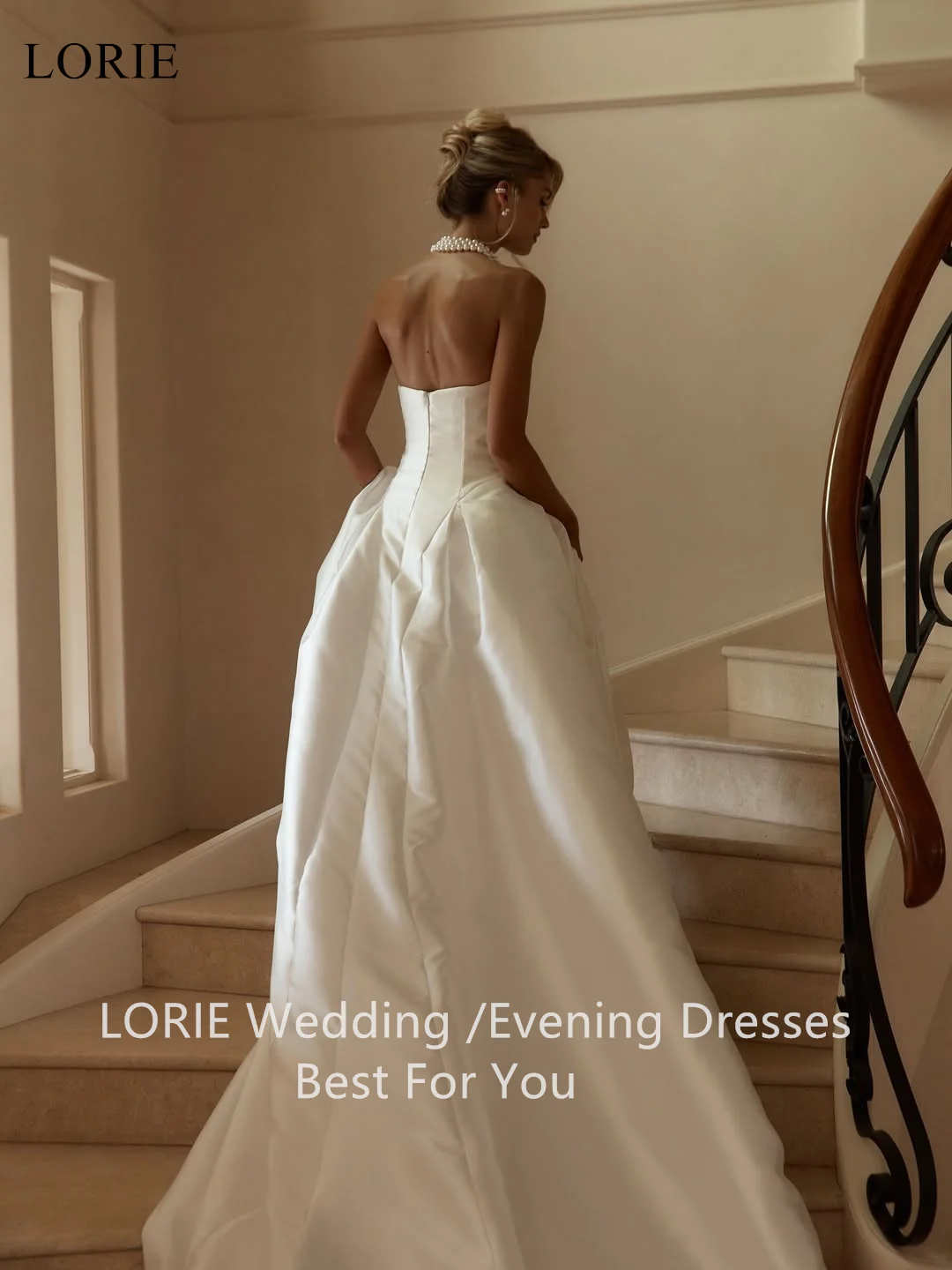 LORIE Abiti da sposa eleganti senza spalline in raso A-Line senza maniche Abito da ballo da sposa Abiti da sposa pieghettati avorio personalizzati