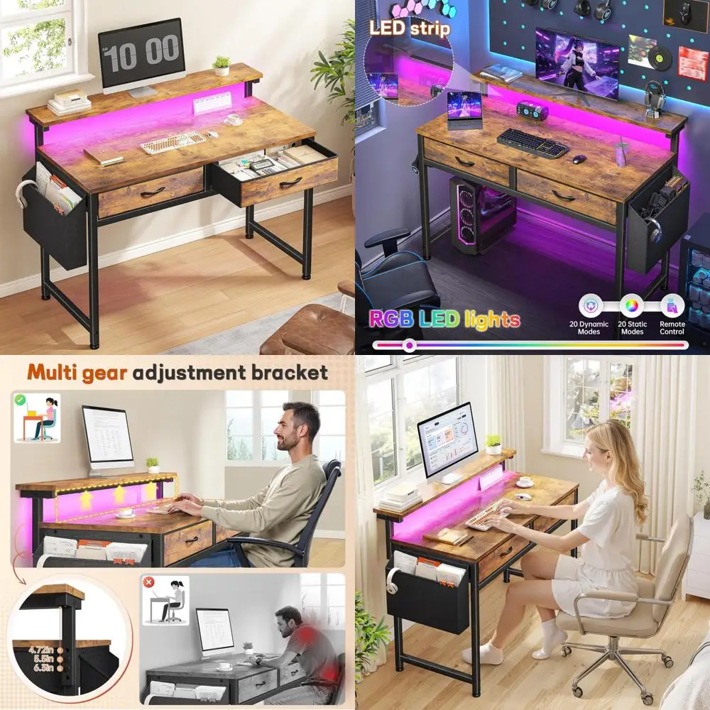 

LED-Illuminated Gaming Desk with Dual Drawers, 31.5 Home Office Desk for Computer with Side Pocket and Ergonomic Monitor Stand