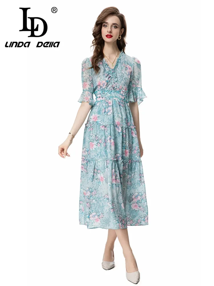 

LD LINDA DELLA 2024 Summer Italian Elegant Luxury Dress Women's Beach Style Floral Print Beading Ruffles Chiffon Elegant Dresses