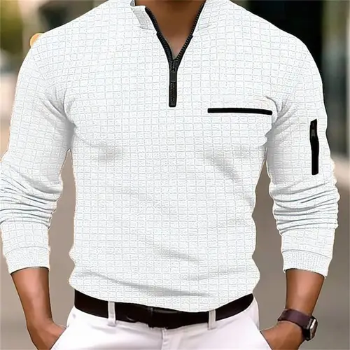 2025 Spring and Autumn New Men's Plaid Turtleneck Zipper Long Sleeve Polo Shirt Sports Breathable Business Casual Polo Shirt - Image 2