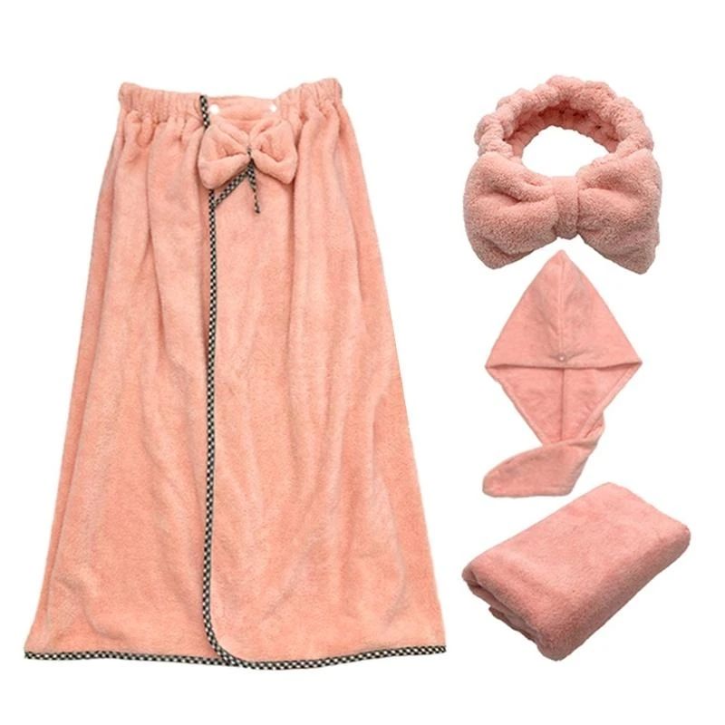 4Pcs/Set Women Wearable Bath Wrap with Towel Headband Hair Dry Cap Sweet Bow Microfiber Coral Bathrobe Blanket