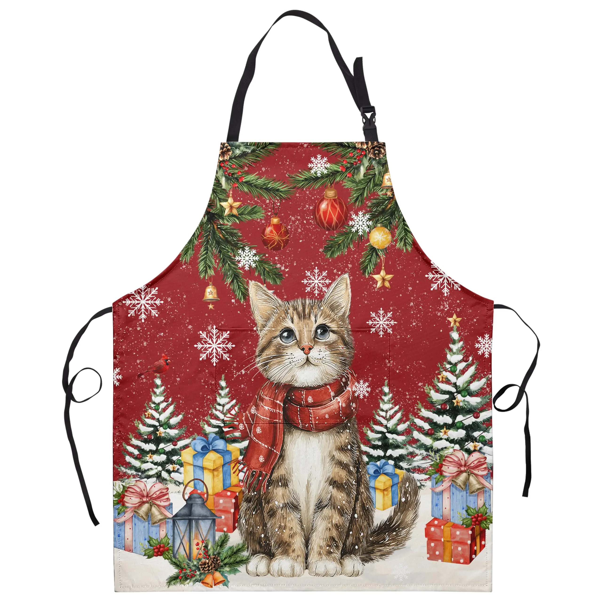 

Red Xmas Aprons Lovely Cat Kitchen Apron Cute Kitten Snowflakes Cooking Apron with Adjustable 