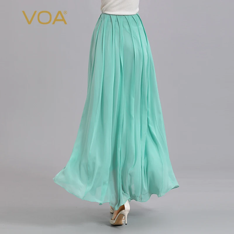 VOA 100% Pure Silk Georgette Natural Waist Invisible Side Zipper Double Pleated Large Swing Fresh Elegant Skirt Summer CE152