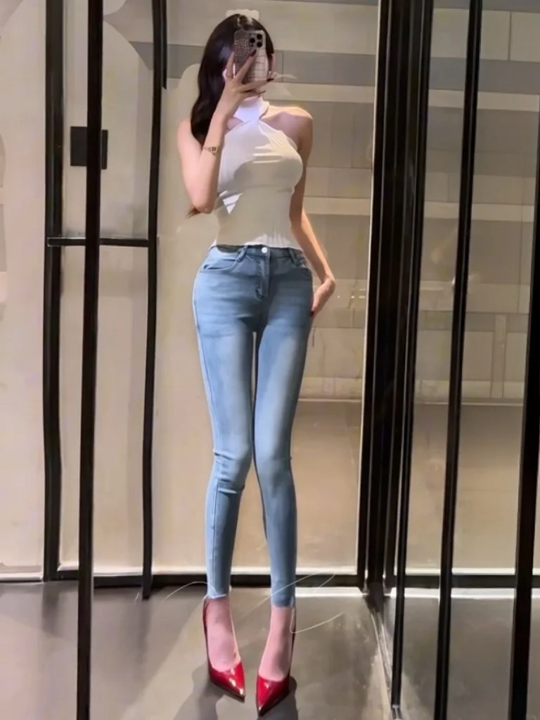 

Сексуальные обтягивающие джинсы в корейском стиле с высокой талией, эластичные, синие, укороченные, с эффектом высокой посадки, весна-осень, новинка, женские, из хлопкового стрейч-денима