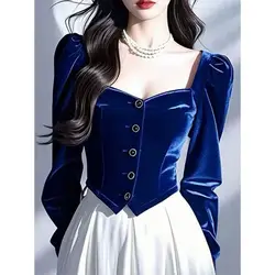 Luxury French Blue Velvet Shirt Square Collar Solid Color Blouse Women Slim Single Breasted Tops Autumn Royal Style Office Lady