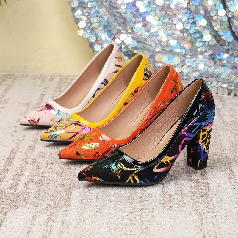 Dress Shoes Designer Novelty Fashion Single Shoes Women Printed Pointed Toe Square Heel 9.5CM Shallow Color Blocking Women Pumps