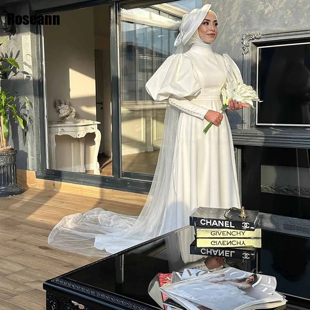 Muslim 2024 New High Collar A-line Wedding Dresses Satin Button Puff Sleeve Draped Pleat Floor Length Bride Dress robe de mariée