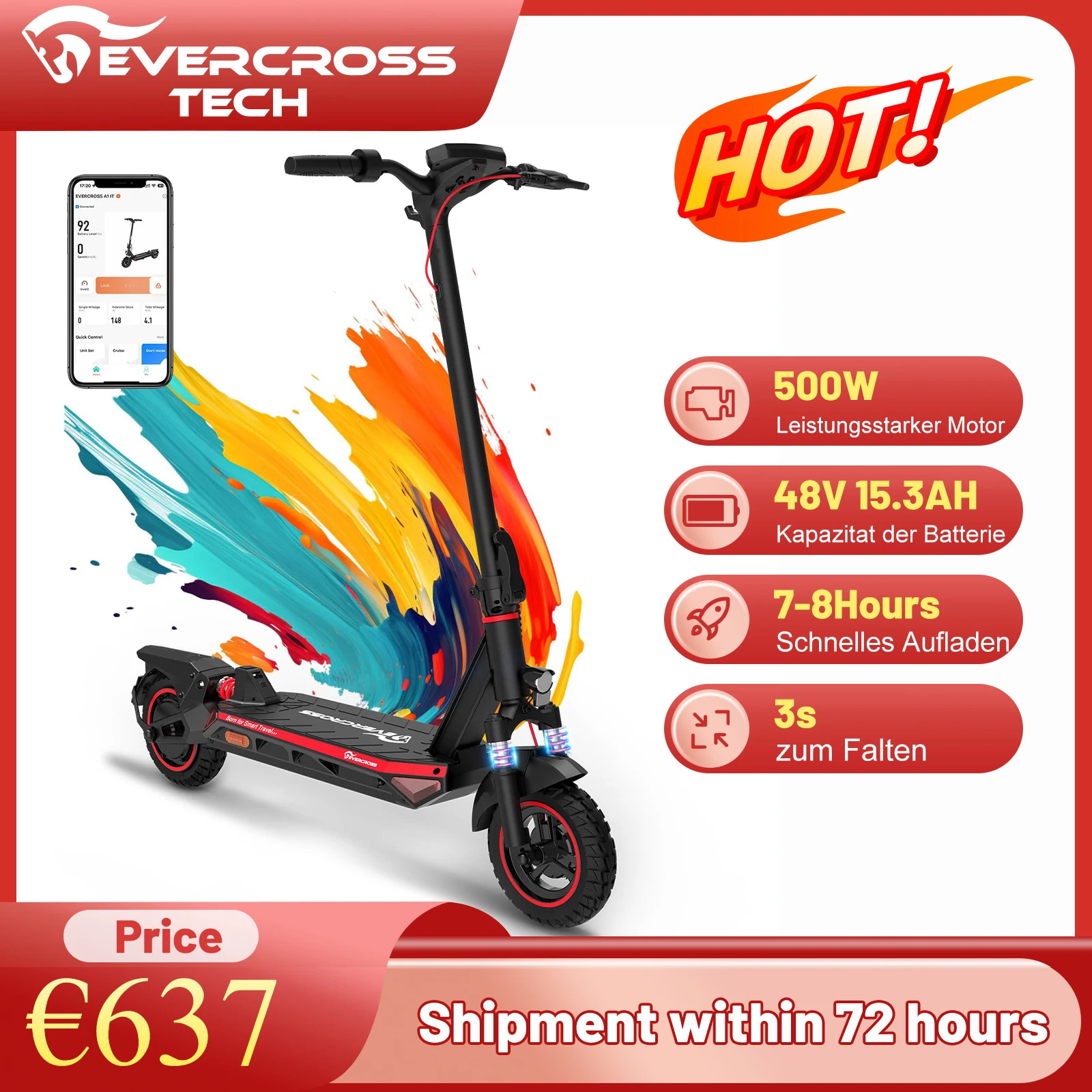 EVERCROSS TECH A1 E Scooter mit Straßenzulassung, 10'' Faltbarer Vakuumreifen Elektroroller ABE, 500W Motor & 55 km Reichweite