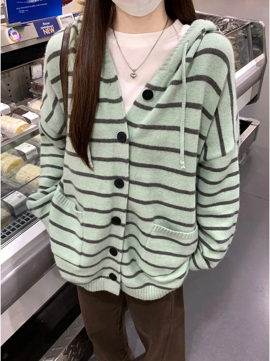 

Korean Sle Lazy Striped Hooded Knitted Cardigan Women's Faion Loose Thiened Sweater Coat Ele Age-Defng Top