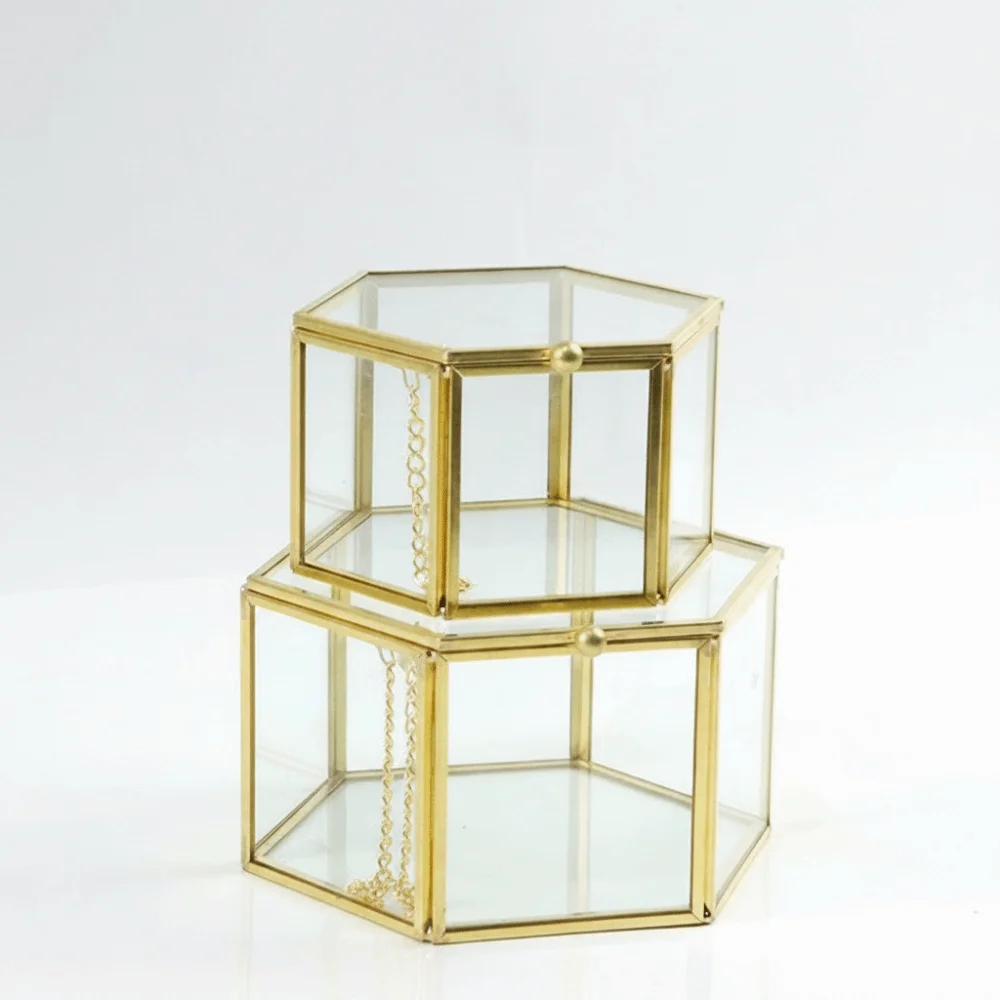 Accessories Storage Hexagon Glass Storage Box with Lid Transparent Display Case Jewelry Organizer Accessories Display