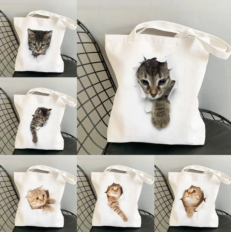 حقيبة يد نسائية ذات سعة كبيرة مطبوعة ثلاثية الأبعاد على شكل قطة لطيفة للسفر والتسوق حقيبة قماش كاجوال بكتف واحد