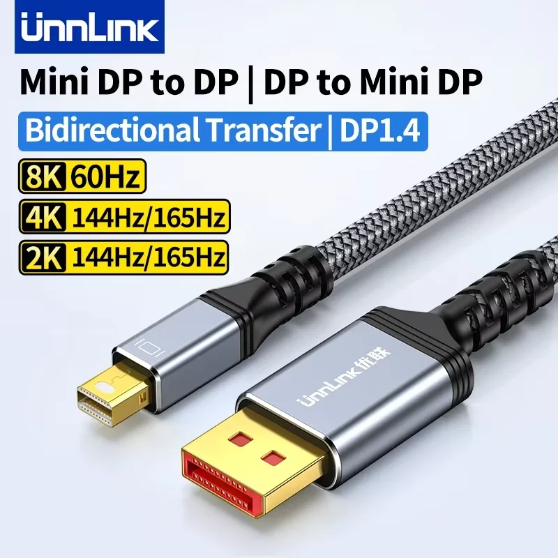 Unnlink 8K Mini DisplayPort naar DP 1.4 Kabel Bidirectioneel 4K 144Hz/2K 165Hz Mini DP Thunderbolt 2 naar DP voor Macbook Air Surface