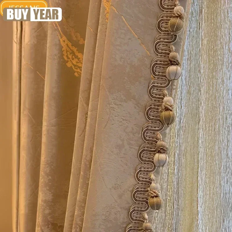 

Customized Milk Tea Color Gold Silk Relief Reed Jacquard Blackout Curtains For Bedroom Living Room Villa French Window Balcony