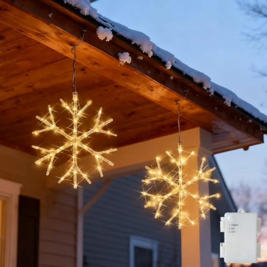White Snowflake Lights Battery Operated with Timer 70 LED Fairy Lights 2 Pack 14IN for Window Christmas Decoration