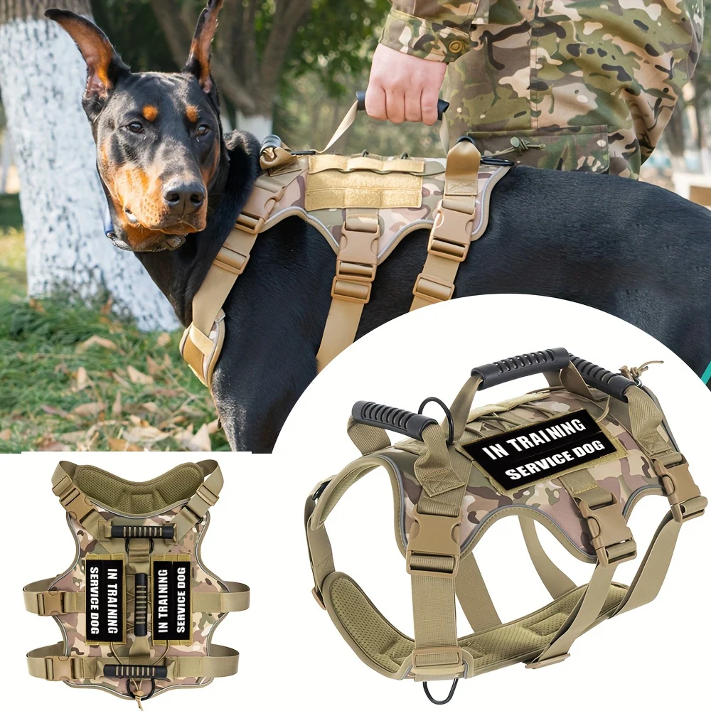 Harnais tactique pour chien sans traction, harnais pour chien avec 4 patchs pour chien, gilet réfléchissant pour animaux de compagnie avec poignée rembourrée douce et Durable