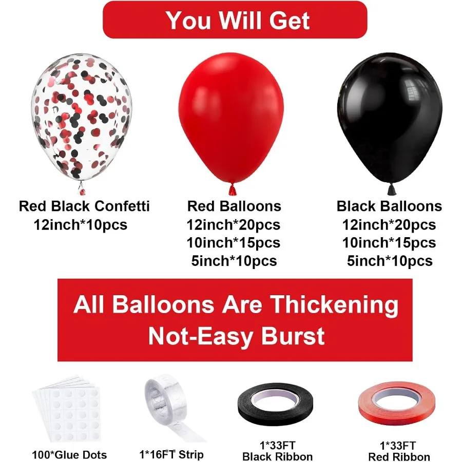 بالونات حمراء وسوداء مجموعة جارلاند 100 قطعة بالونات سوداء حمراء وقوس بالونات قصاصات حمراء وسوداء لحفلات الزفاف وأعياد الميلاد والتخرج BB