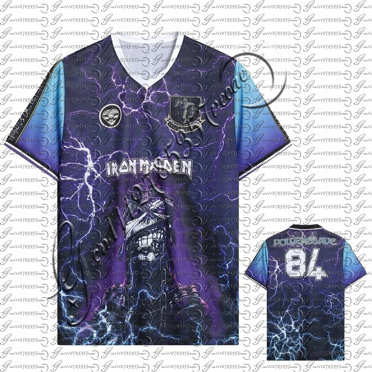 Camiseta de Manga Corta Unisex con Cuello en V de Iron Maiden Powerslave 84 Lightning, Nueva Colección 2026, para Combinar en Familia