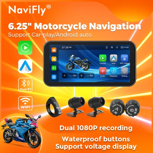 Navifly-オートバイナビゲーション,防水,ポータブル,CarPlay,ワイヤレス,Android,自動モニター,BT,デュアル1080p,6.25インチ録画
