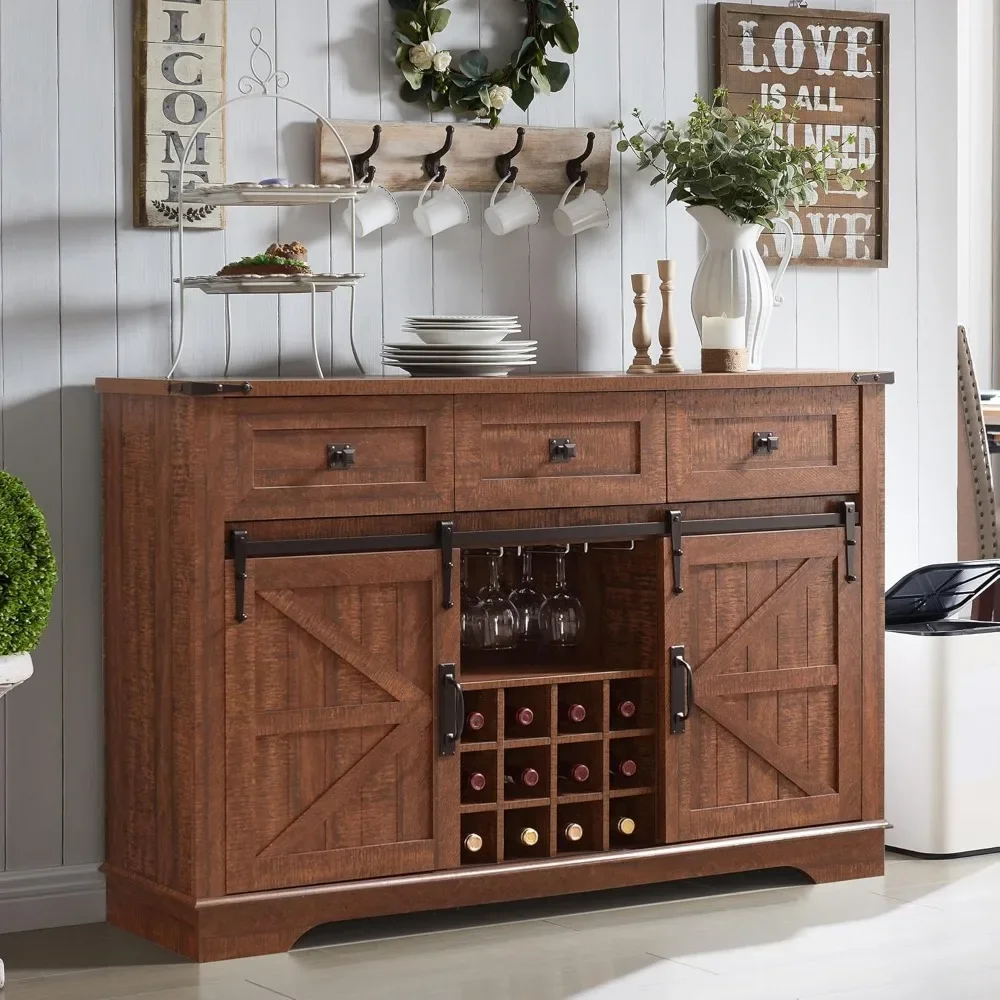 

Wine Bar Cabinet W/Sliding Barn Door, 54" Kitchen Coffee Bar Cabinet W/Wine & Glass Rack, 3 Drawers, Large Buffet Sideboard