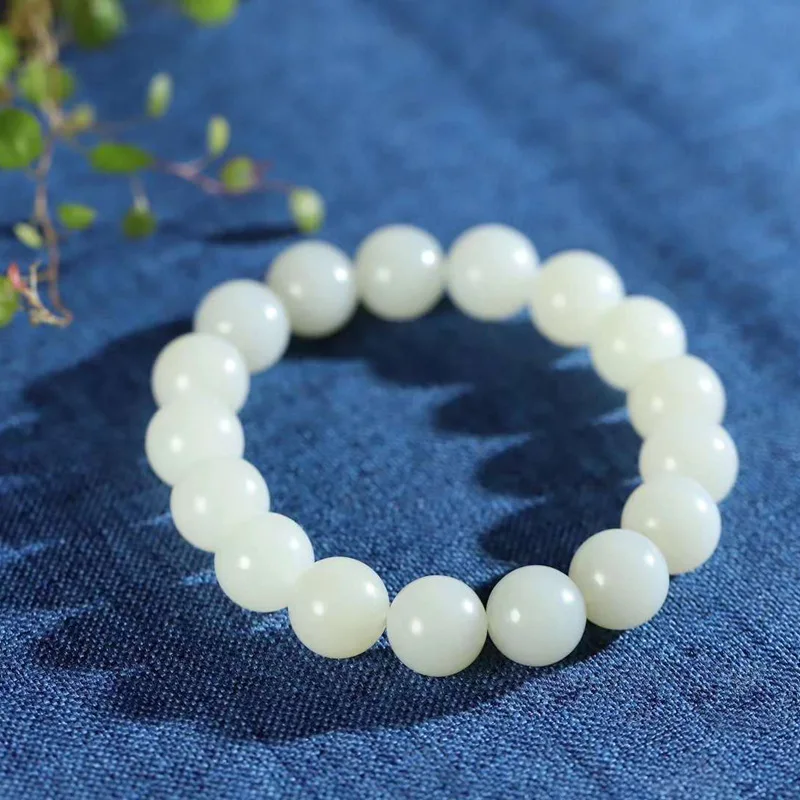 

Natural Xinjiang Hetian Meida Material Jue Suet Pearl round Jade Bracelet Temperament Men and Women