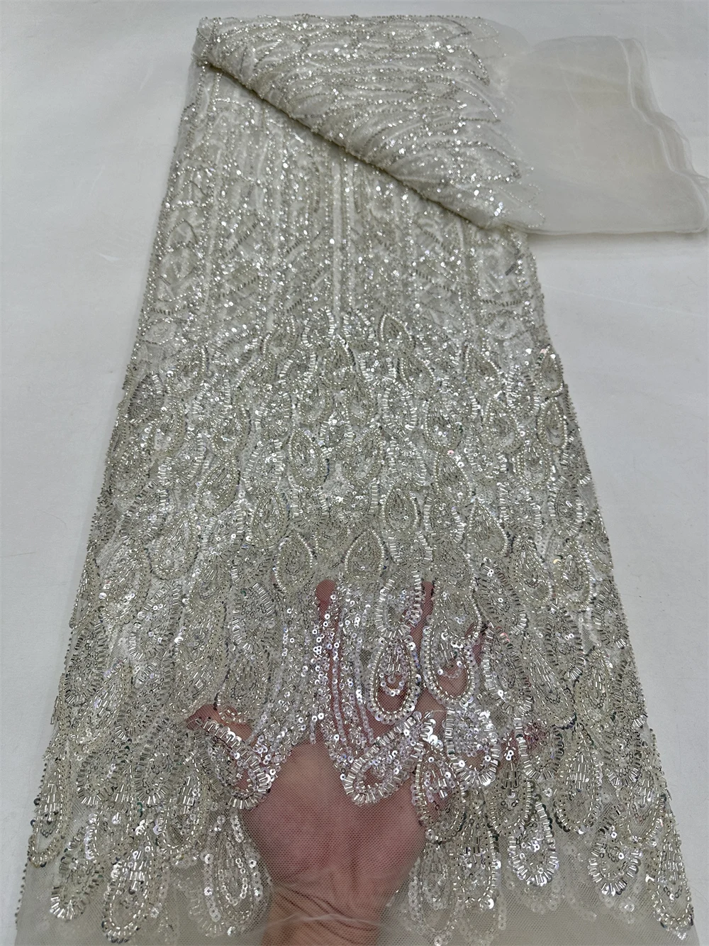 

White ,Luxurious African Groom Sequins Lace Fabric, Heavy Beads Embroidery, French Tulle, Wedding Dress, High Quality, 2023