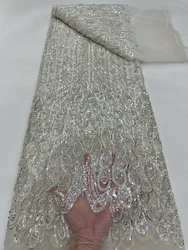 Tela de encaje de lentejuelas para novio africano, bordado de cuentas pesadas, tul francés, vestido de novia, alta calidad, blanco, lujoso, 2023