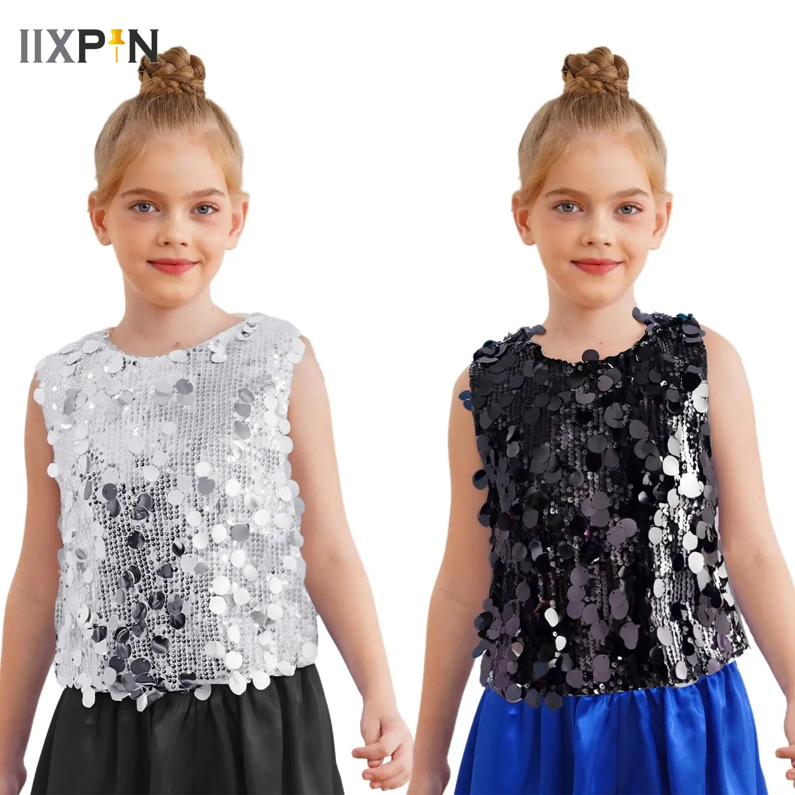 

Детские топы для джазовых танцев со сверкающими блестками для девочек, жилет без рукавов, майка для латинских джазовых танцев в стиле хип-хоп, сценическое выступление