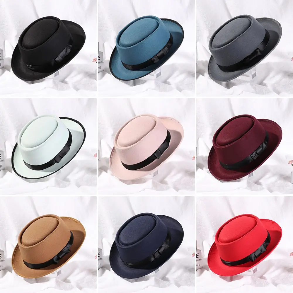 

Winter Autumn Women Men Stage Performance Flat Top Wide Brim Woolen Panama Cowboy Hat Fedora Hat Jazz Cap