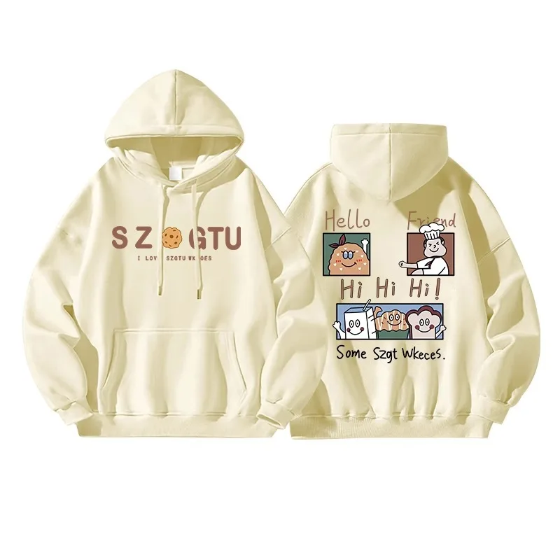 Hot Selling Women Hoodie Cartoon Letter Printing Hooded Pullovers Solid Color Tops Kangaroo Pocket Sweater Y2k Female Clothing