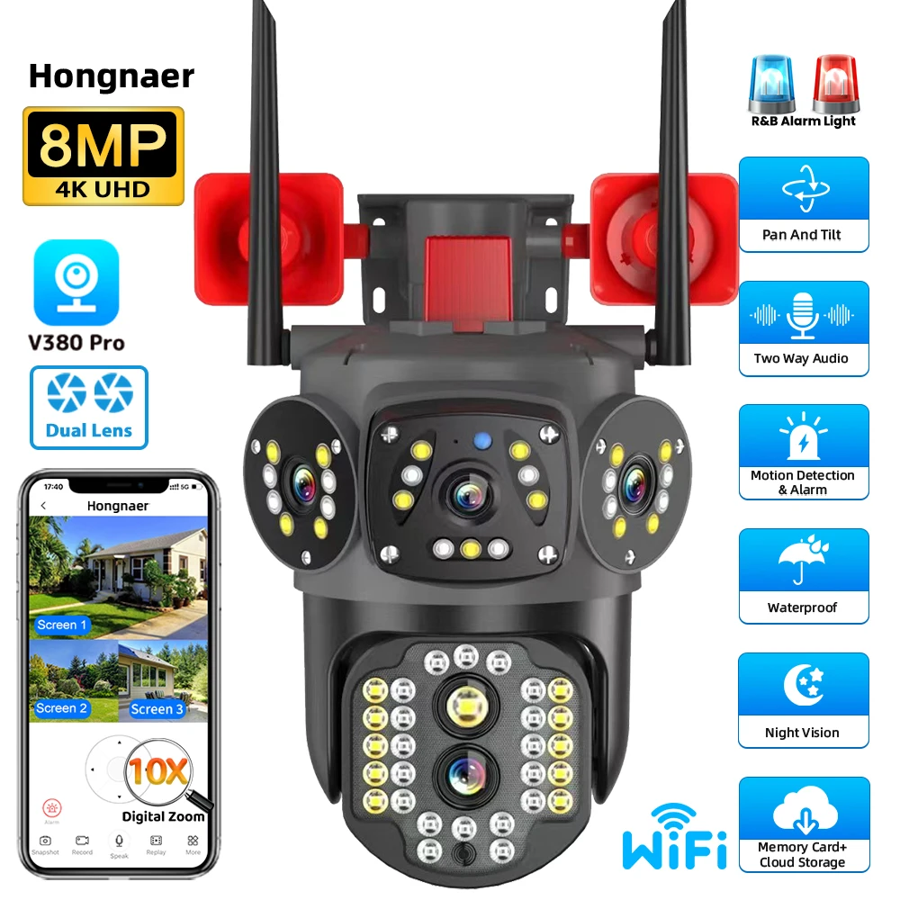 

Hongnaer 8MP 4K Dual Lens Two Ways Audio Network Wireless CCTV PTZ IP V380 Pro CCTV Outdoor WiFi Security Camera