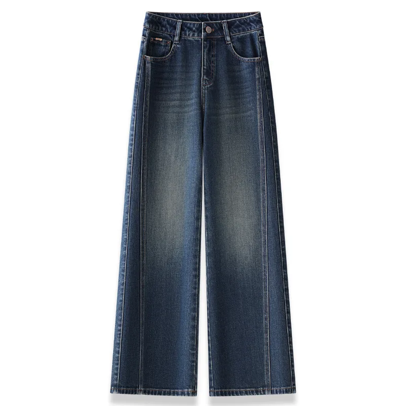 أزياء الأزرق واسعة الساق الجينز الخريف الأمريكية الرجعية عالية الخصر التخسيس فضفاض السراويل المستقيمة السراويل الطويلة