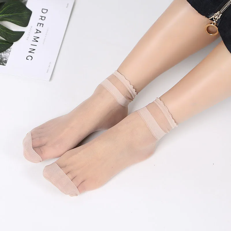 10Pairs Women Nylon Socks Set Floral Trim Tulle Sock Summer Ultra-thin Semi-Sheer Mid Tube Girls Sock Crystal Silk Ladies Sox