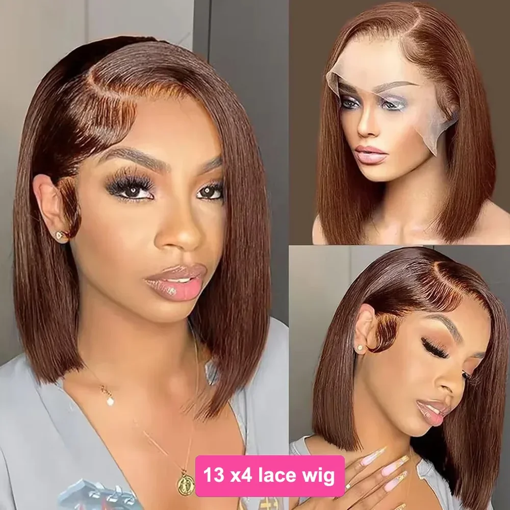 10 12 Inch Chocolate Brown Bob Wig 13x4 HD Lace Frontal Wigs Real Human Hair Brazilian Brown Colored Transparent Lace Front Wigs image 3