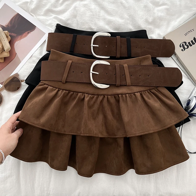 

Tiered Ruffled Mini Skirt with Belt Built-in Shorts Thick Wool High Waisted Short Skirt Women Teen-girl Autumn Winter Y2K Outfit